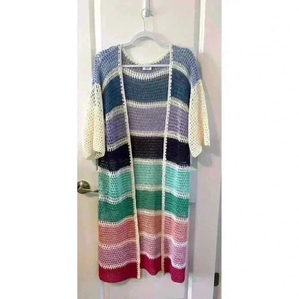 Anna & Ava Crochet Striped colorful OS Duster Cardigan Swim Coverup MSRP$98 NWOT